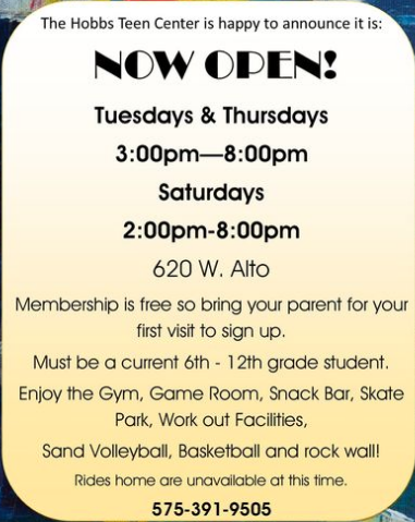 Hobbs Teen Center open announcement flyer