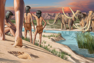 Artistic rendering of ancient humans at lake with wooly mammoths