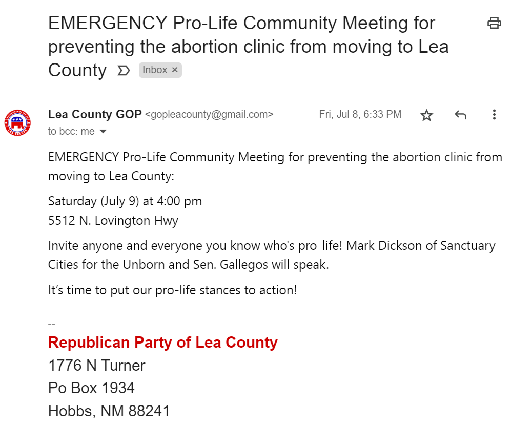Republican Party emergency meeting email